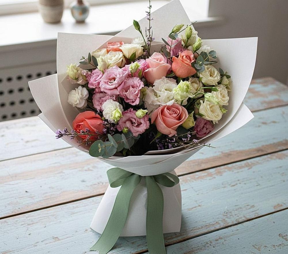 Букет цветов из: Розы, Лизиантусы и Гвоздики в Аркадаке